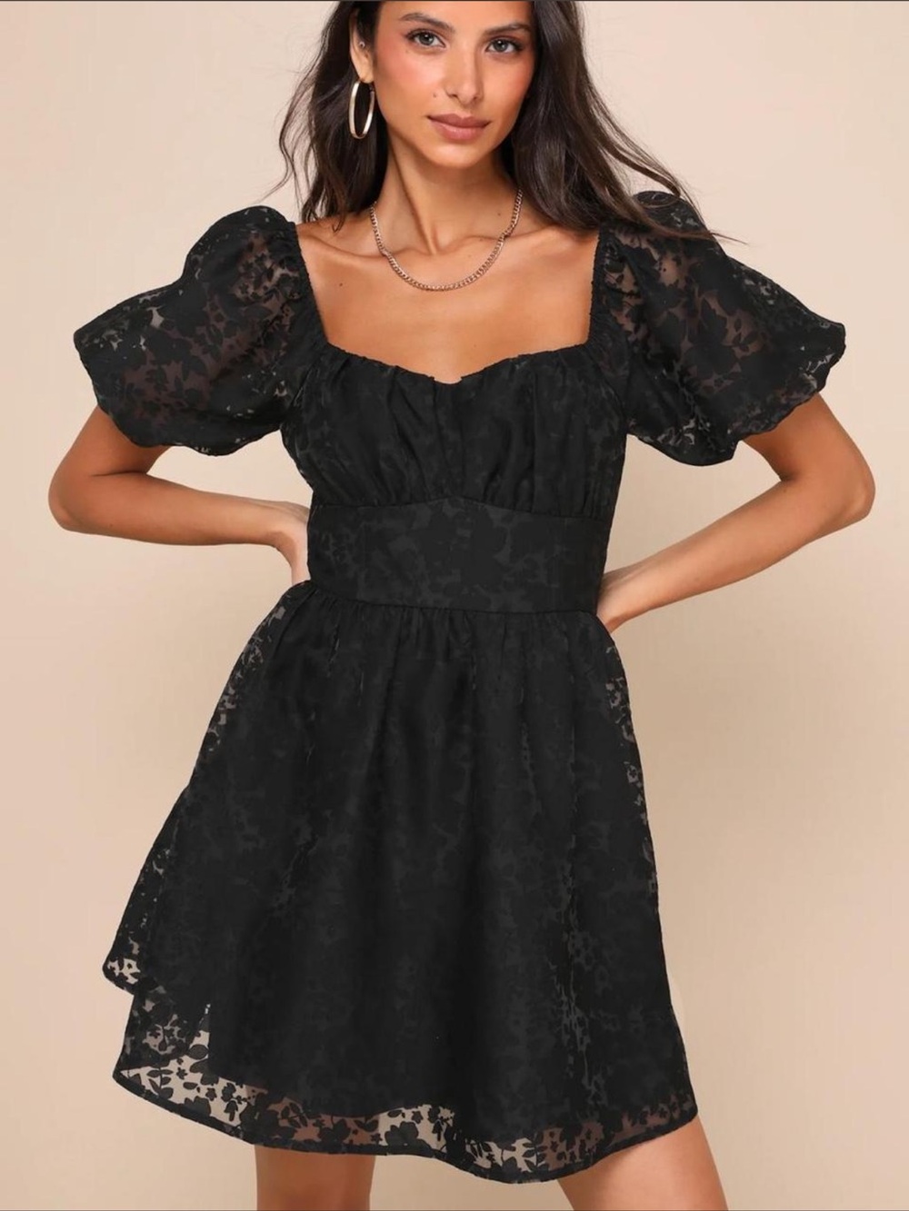 Lulus Sweetest Effect Black Floral Burnout Puff Sleeve Mini Dress - Picture 3 of 4